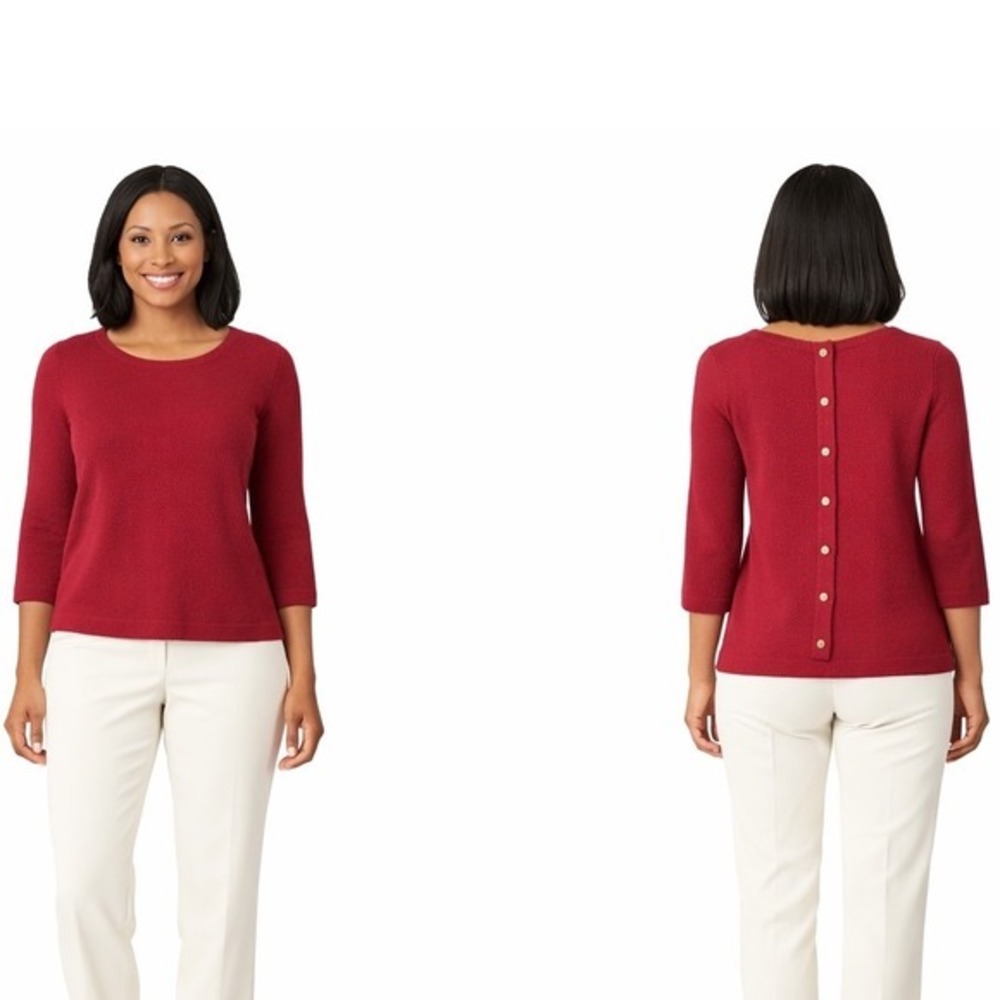 Ann Taylor Burgundyā Red Textured 3/4 Sleeve Button Back Blouse Top S Chic 72-31